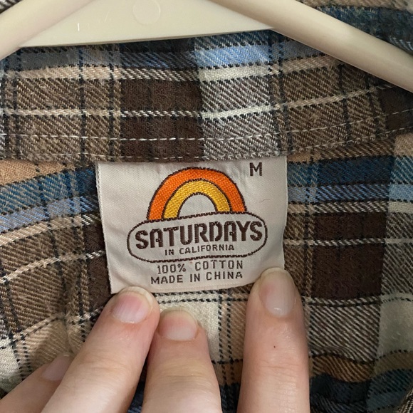 SATURDAY in CALIFORNIA flannel medium 100% cotton mens womens unisex brown blue - Picture 2 of 4